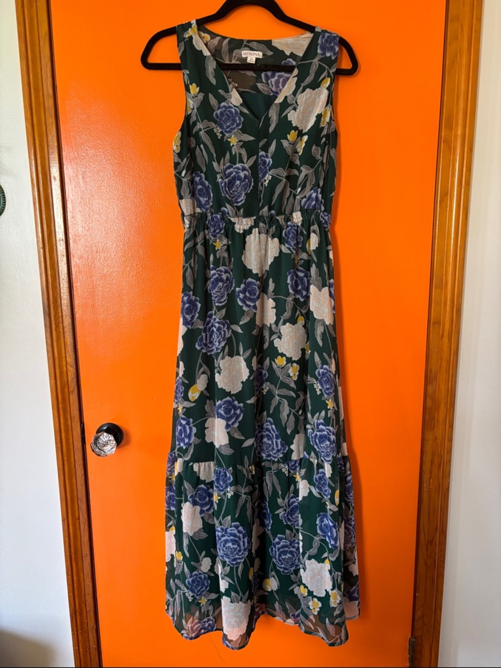 Merona Dark Green Floral Maxi Dress with Blue and Cream Blooms